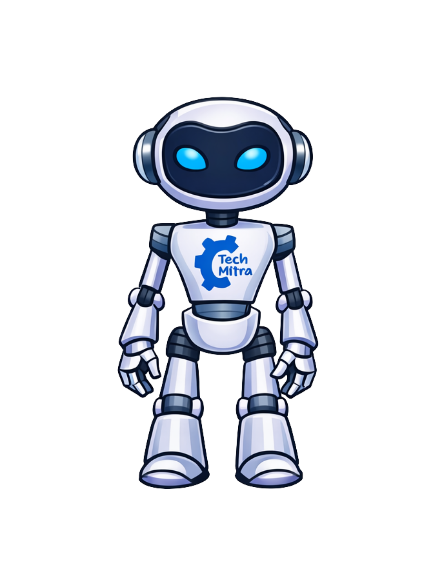 Byte — the Tech Mitra robot mascot, white body with blue glowing eyes and a Tech Mitra gear logo on its chest